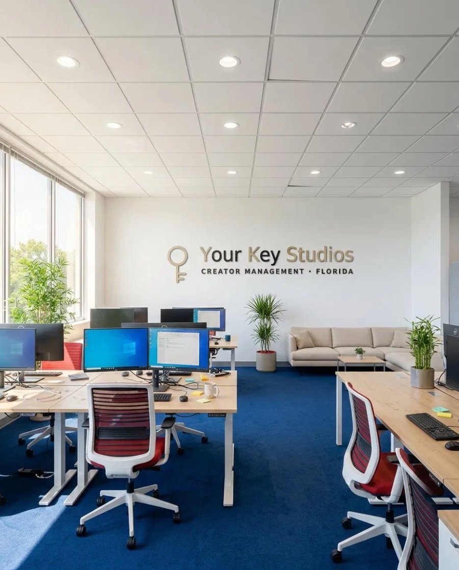 Your Key Studios office in Florida, with the brand logo on the wall